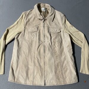 Coldwater Creek Leather Jacket Ribbed Wool Blend Sleeves Womens 18W Beige Casual